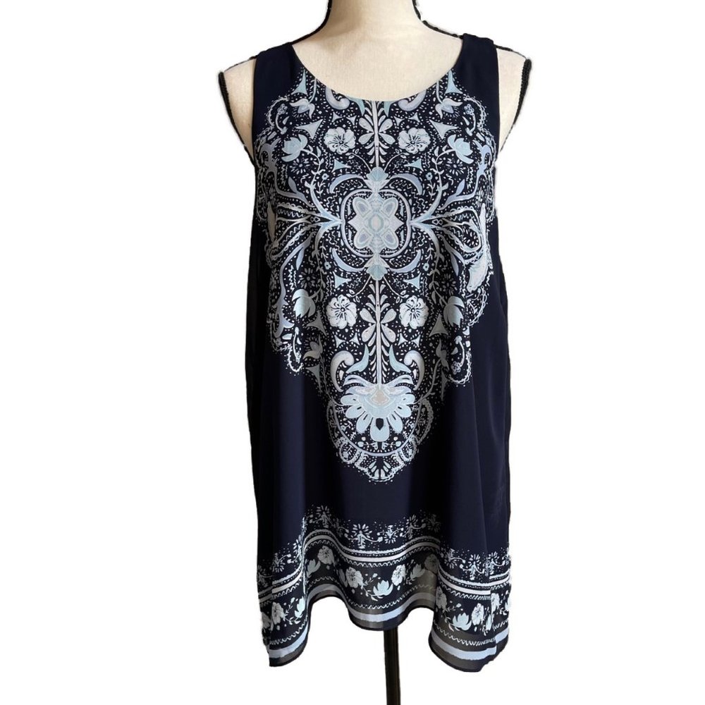MAX STUDIO Sleeveless Tunic Top Sheer Crepe Navy Light Blue Lined XL - Picture 3 of 12